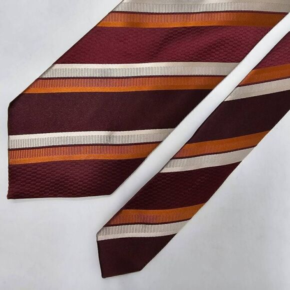 ERMENEGILDO ZEGNA SILK TIE BURGUNDY CHAMPAGNE ORANGE STRIPE ITALY TEXTURED 3.75" - Picture 1 of 2